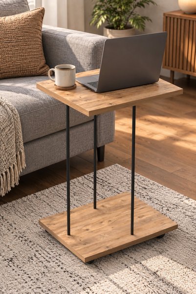 SuloraHome Tekerlekli Laptop Sehpası Çam Desenli Kahverengi