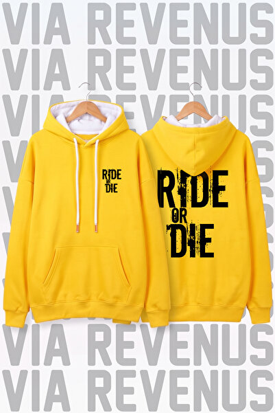 Vordevia Biker Printed Yellow Wide Fit Hoodie - 3 Thread Fleece Hood Lining w...