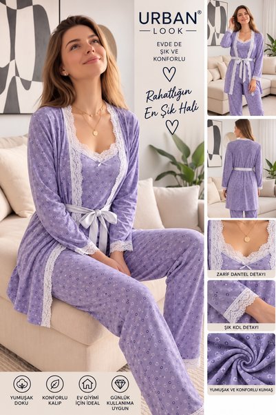Urban Look Women's Navy Blue Polka Dot Pajama Set with Lace Detail, Long Slee...