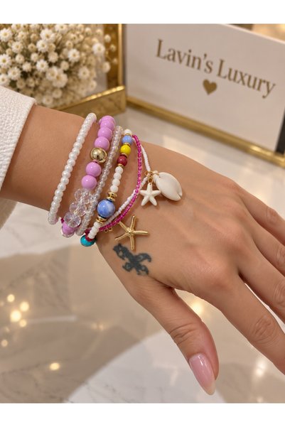 Generic Brand Pastel Starfish and Seashell Detailed Multi-Bracelet Set