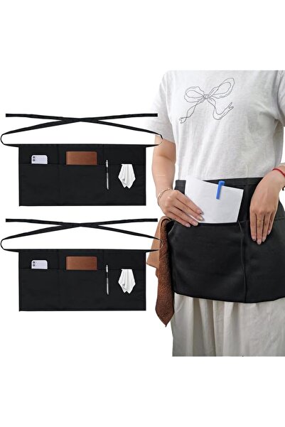 SWIUKPHE Server Apron 2 Pack Black Waist Half Aprons with 3 Pockets, Short Se...