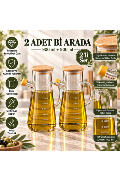 VEZZAN Luxury Living 2'li Set 900 ml + 900 ml Bambu Kapaklı Kaliteli Contalı ...