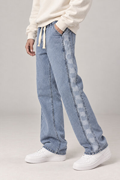 Erkek Açık Mavi Bağcıklı Beli Lastikli Yanı Parçalı Dama Desenli Baggy Jean Kot Pantolon Rahat Kesim Düz Paça