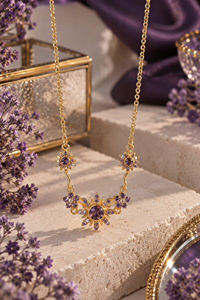 Sylvera Shop Rapunzel Güneş Sembolü Mor Taşlı Çelik Kolye (Gold Renk)