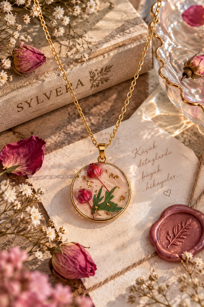 Sylvera Shop Pembe Lale Tomurcuğu Yuvarlak Form Reçine Çelik Kolye (Gold Renk)