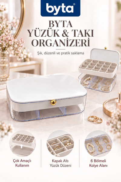 BYTA Yüzük ve Küpe Organizeri 2 Katlı Şeffaf Kolye Küpe Takı Kutusu Bölmeli Düzenleyici 14x6x18,5 cm