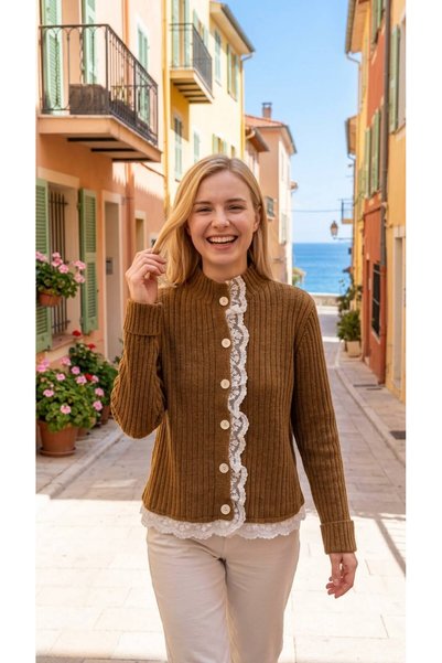 RECEP AYDIN Lace Detailed Ribbed Knit Cardigan