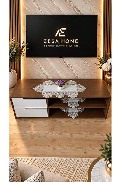 ZESA HOME Luxury French Lace, Linen Gardenia, 3 Piece Tv Unit Cover, Living R...