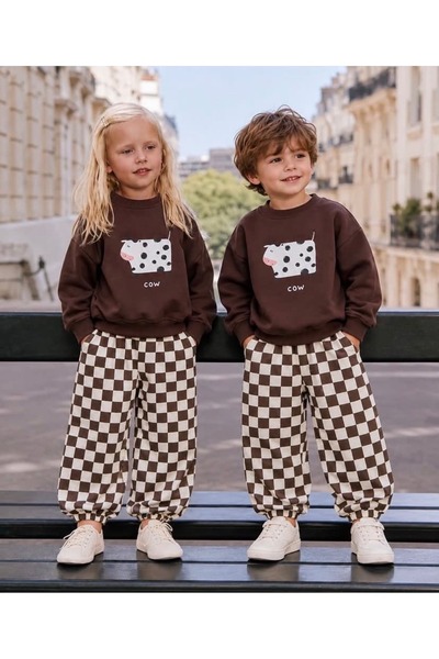 Patriko Girls' and Boys' Cow Printed Brown Sweatshirt Checked Printed Tracksu...