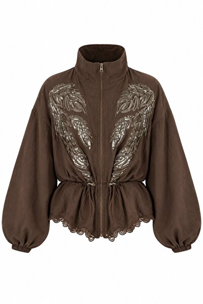 Laluvia Brown Embroidered Stand Collar Jacket - 9773