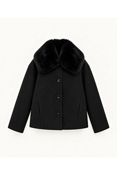 Kedi Fashion Yakası kürklü kaban