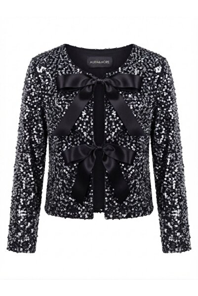 auraandmore Elizabeth Satin Bow Detail Sequined and Beaded Velvet Jacket