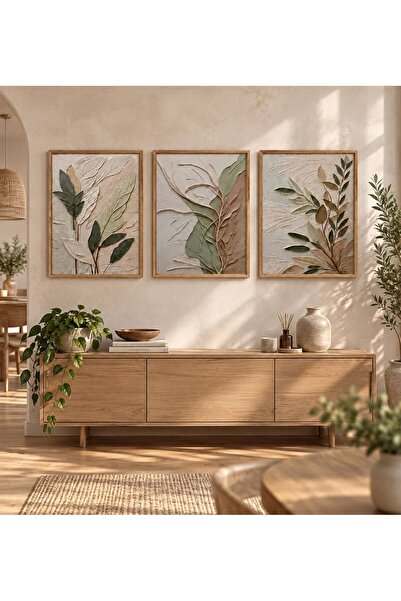 Tuba Decor 3 Parça Ahşap Çerçeveli Oturma Odası Salon Tablo Seti bohem esintiler