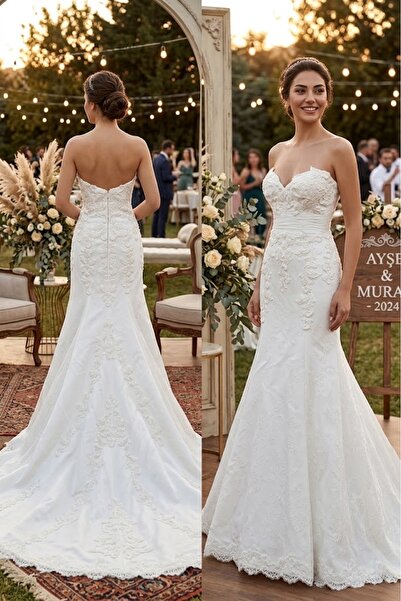 JABO WEDDİNG HOUSE GELİNLİK 36 BEDEN DANTEL VE BONCUK İŞLEME DRAPE DETAYLI