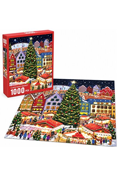 Toy Пъзел Коледен пазар, 1000 части, Коледен пейзаж с елха и празничен пазар,...