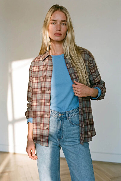 Sue Store Gray Burgundy Plaid Oversized Lumberjack Shirt