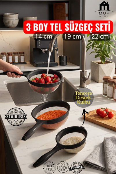 MUF HOME 3-Piece Stainless Steel Wire Strainer Set with Design That Can Be At...