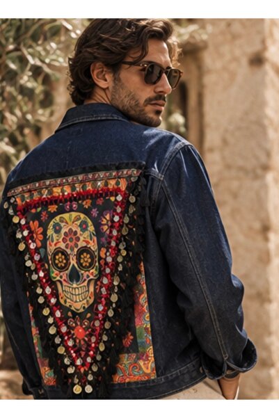 Erkek Kot Ceket Etnik Desen İşlemeli Denim Ceket