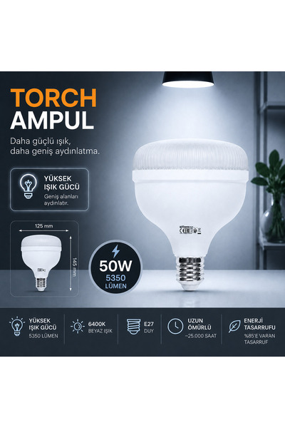 repplam 50 Watt Beyaz Işık Torch Ampul 5350 Lümen Yüksek Lümen Yüksek Işık Bü...