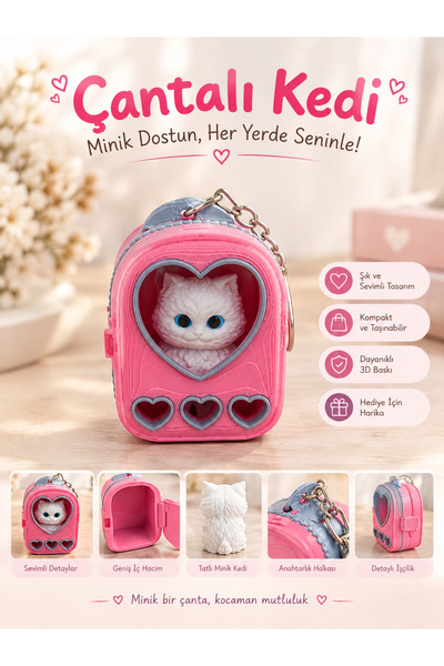 ALGU 3D Design Çantalı Kedi, Hareketli kedi Açılıp Kapanan Çantalı Anahtarlık...