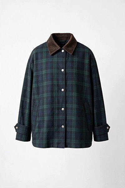 Sue Store Navy Blue Green Brown Velvet Collared Plaid Oversized Jacket