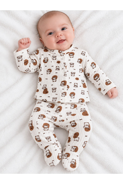 Oz Baby Yenidoğan Bebek Pamuklu Fitilli 2’li Takım Desenli Çıtçıtlı Üst ve Patikli Alt 0-3 Ay