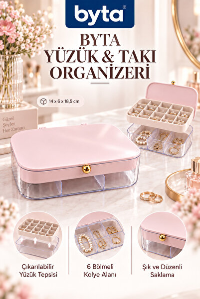 BYTA Yüzük ve Küpe Organizeri 2 Katlı Şeffaf Kolye Küpe Takı Kutusu Bölmeli Düzenleyici 14x6x18,5 cm