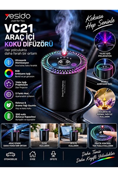 VEROXA VC21 Araç Içi Koku ve Hava Nemlendirici Aroma Difüzörü Rgb Ambiyans Iş...