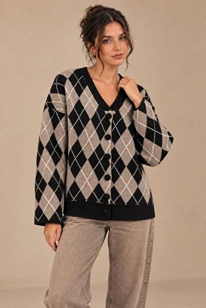 Park Karon Women's Diamond Patterned V-Neck Knitwear Cardigan Buttoned Soft T...