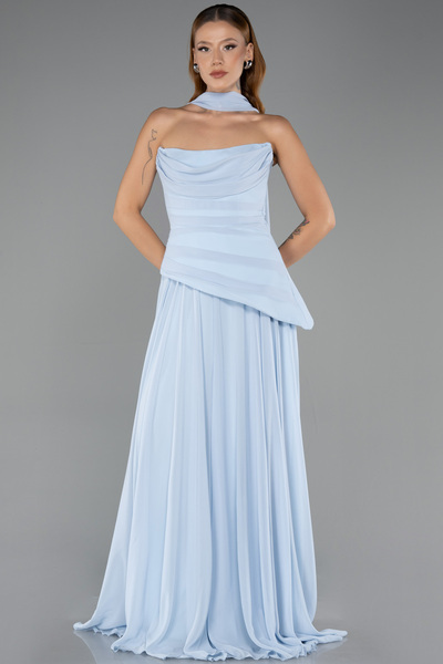 Abiyefon Buz Mavisi Straplez Peplum Kesim Uzun Şifon Abiye Elbise ABU5763