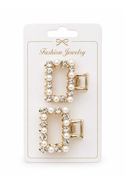 Velvet Pearl and Zircon Stone Square Clasp Hairpin Set of 2 - Luxury Metal Au...