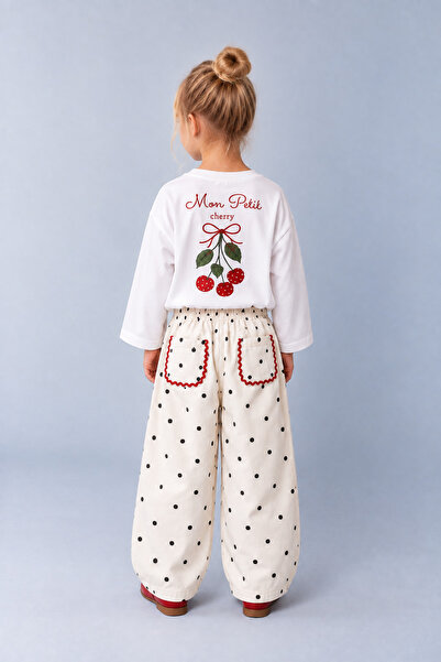 hety Girl's Cherry Embroidered Blouse & Polka Dot Baggy Pants Set