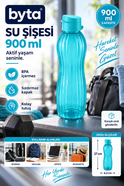 BYTA 900ml Leak-Proof Water Bottle Flask Bpa Free Ergonomic Design Sports Sch...