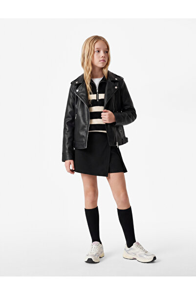 Koton Long Sleeve Zippered Double Breasted Collar Faux Leather Jacket