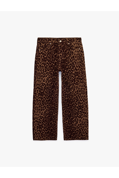 Koton Cotton Pocketed Buttoned Straight Leg Regular Waist Leopard Print Trous...