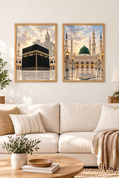 HOPE DİZAYN Kabe ve Medine Temalı İslami 2’li Ahşap Çerçeveli Duvar Tablosu Seti