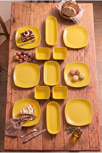 h homerest Sarı Kare Kahvaltı Ve Sunum Takımı 13 Parça 6 Kişilik Servis Tabak...