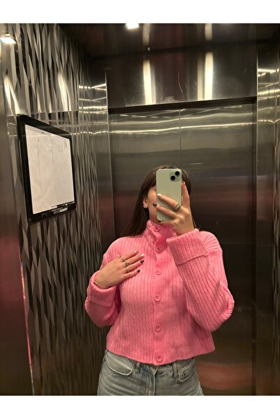 Basic Crop Yumuşak Dokulu Dik Yaka Triko Hırka