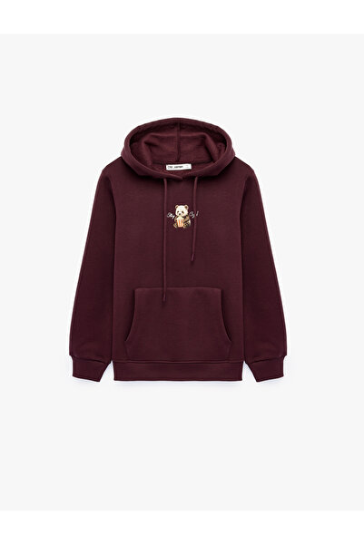 Koton Three-Thread Embroidered Teddy Bear Hooded Sweatshirt with Kangaroo Pocket