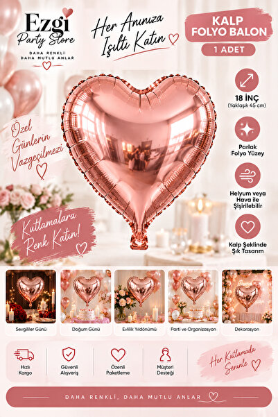 Ezgi Party Store Rose Gold Kalp Folyo Balon 18 İnç 1 Adet Doğum Günü Evlilik ...