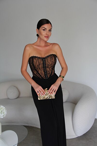 Julidress Strapless Collar Lace Corset Maxi Length Designer Dress