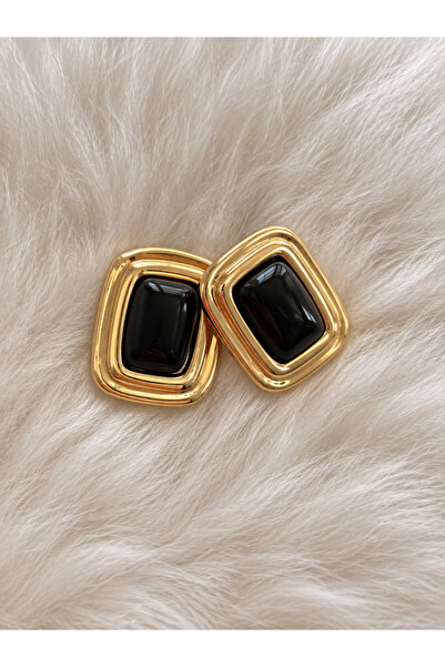 Noir Siyah Kabaşon Taşlı Katmanlı Geometrik Gold Renk Vintage Kadın Küpe