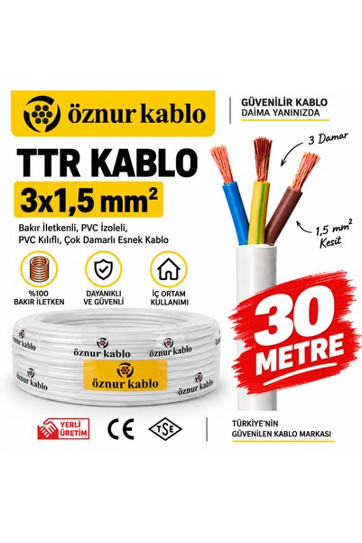 ÖZNUR 3x1,5 mm² TTR Beyaz Kablo 30 metre