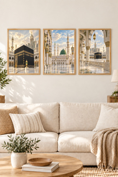 HOPE DİZAYN Kabe ve Medine Temalı İslami 3’lü Ahşap Çerçeveli Duvar Tablosu Seti