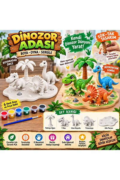 Dinozor Adası Boyama Seti, 6 Adet Boya, Boya Fırçası,Sök Tak Sergile Boya Seti