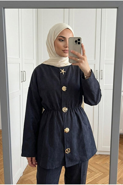 Kirazca Butik Women's Dark Navy Blue Gathered Waist Suede Textured Jacket and...