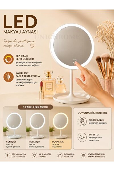 Dokunmatik Led Işıklı Makyaj AynasıUsb Li Yuvarlak Masa Üstü Ledli 3 Farklı Işık Modu