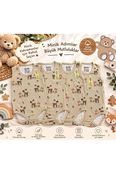 Unisex Bebek Geyik ve Tilki Desenli %100 Pamuk Kolsuz Çıtçıtlı Body 4'lü set - 1-3 yaş Atlet Zıbın