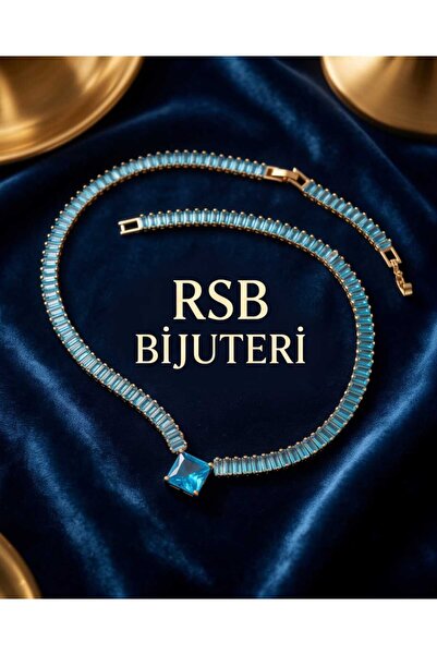 RSB Bijuteri ve Aksesuar Kolye Zarif Baget Kesim Mavi Taşlı Su Yolu Altın Ren...