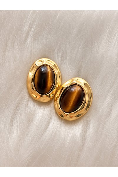 LENORE Amber Kahve Oval Kabaşon Taşlı Organik Form Gold Renk Kadın Küpe
